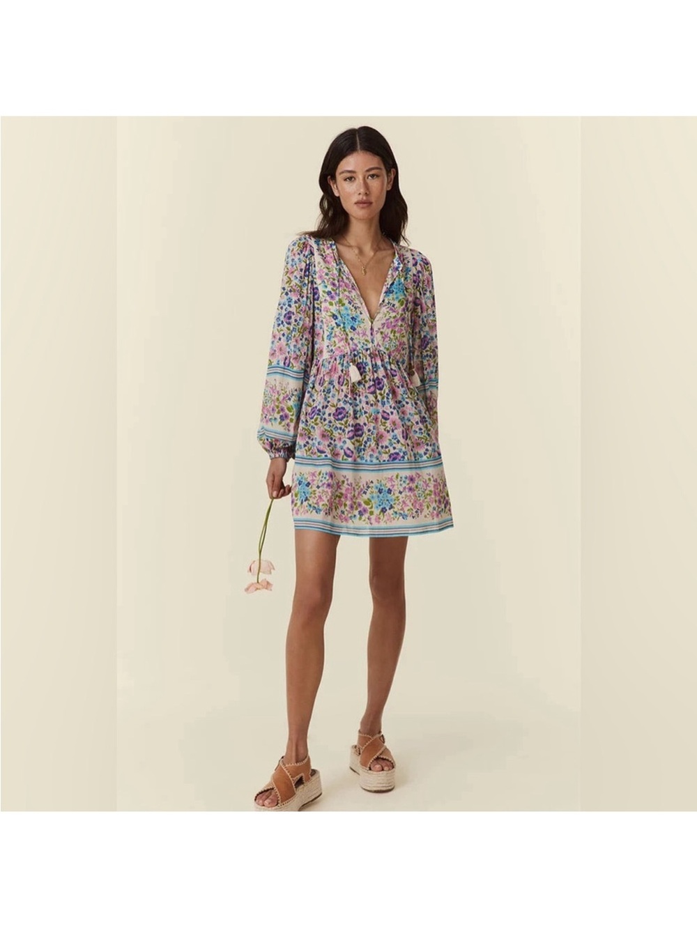 Spell Impala Lily Mini Dress Floral - Iris - V-Neck Long Sleeve